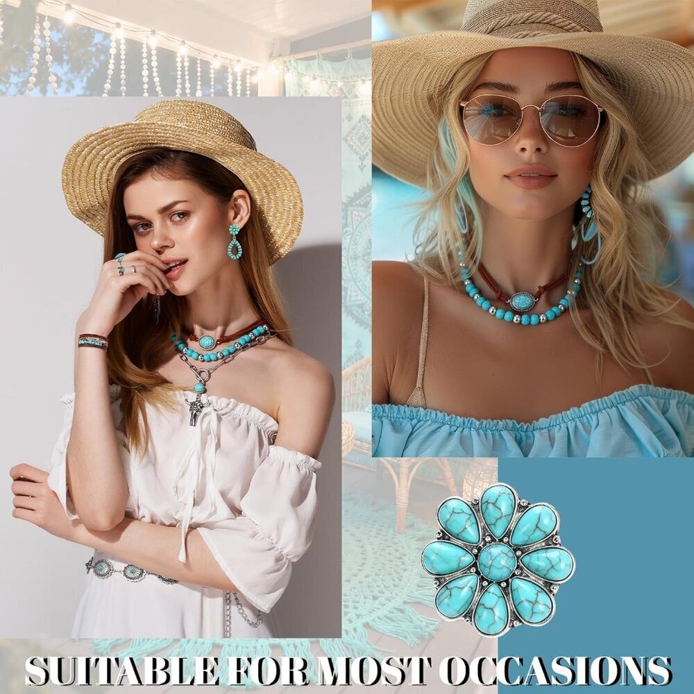 Jewelry Set Women Turquoise Faux Leather Dangle Earrings Necklace Belt - Picture 5 of 7